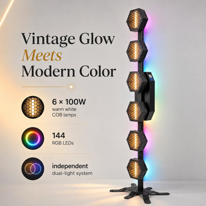 Retro lamp tower showing a vintage-inspired lighting aesthetic with modern color output and stylish presentation.