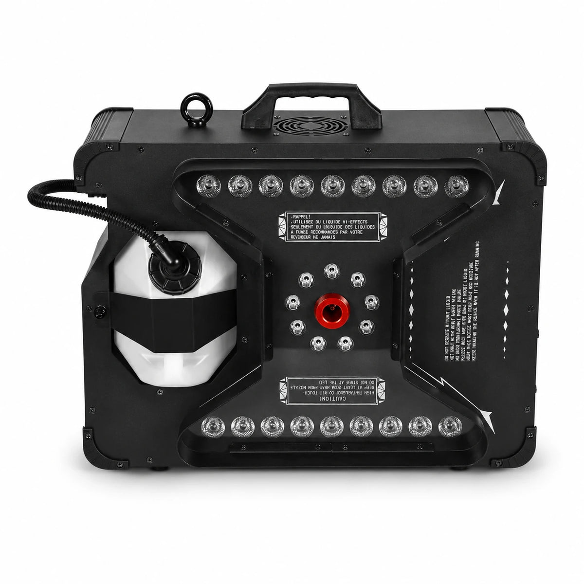 SF-VF3000 Aurora Jet vertical LED fog machine top view with nozzle and control detail highlights.