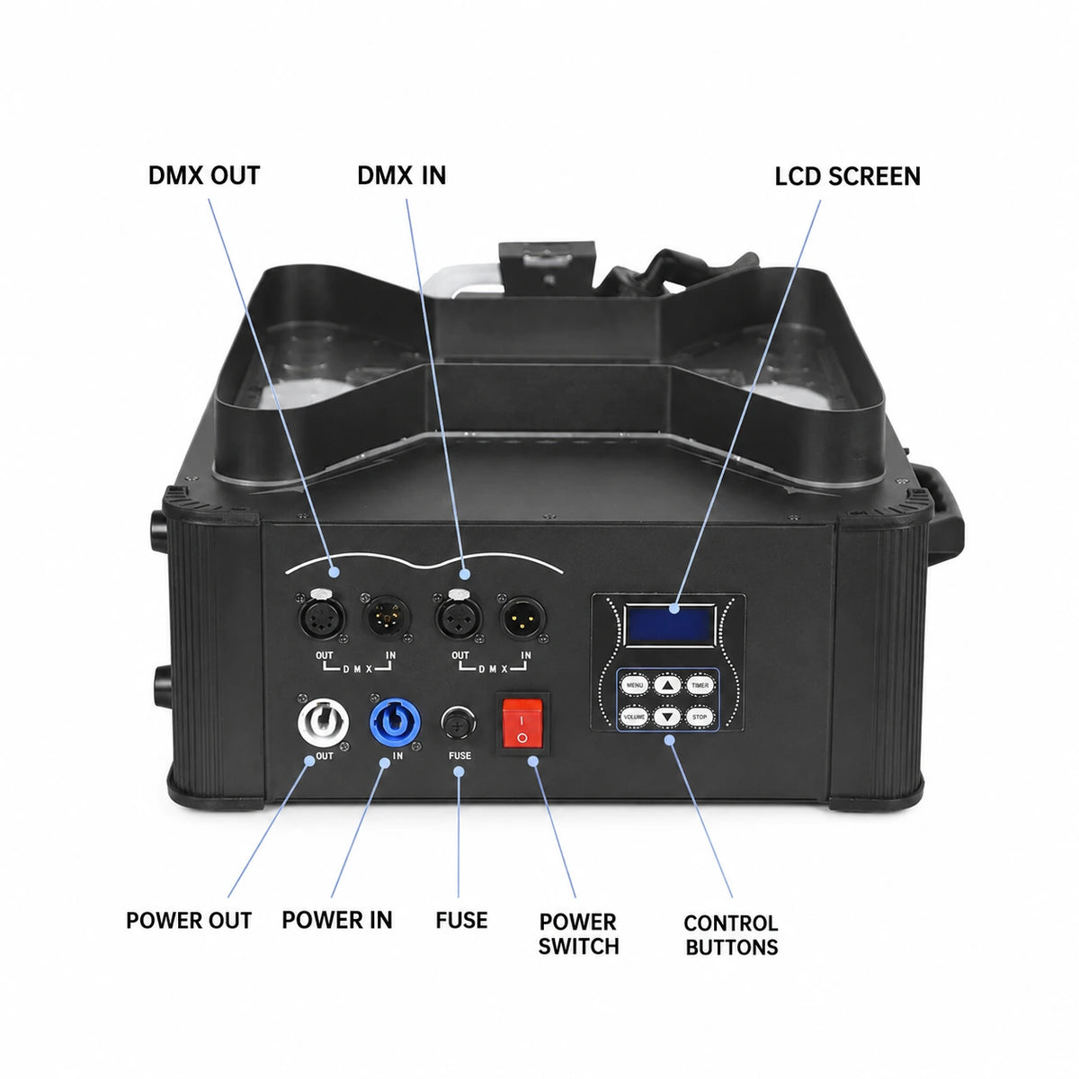 SF-VF3000 Aurora Jet vertical LED fog machine rear panel overview with controls and connections.