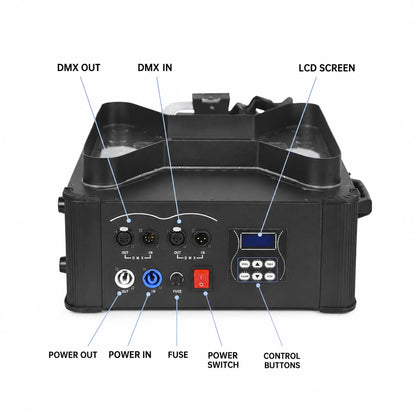 SF-VF3000 Aurora Jet vertical LED fog machine rear panel overview with controls and connections.