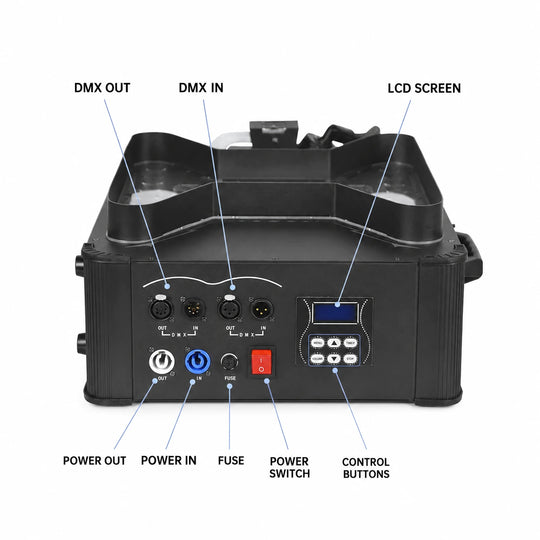 SF-VF3000 Aurora Jet vertical LED fog machine rear panel overview with controls and connections.