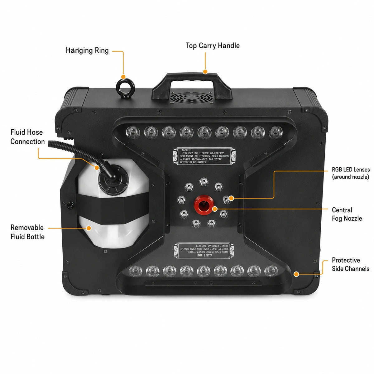 SF-VF3000 Aurora Jet vertical LED fog machine feature infographic for professional event effects.