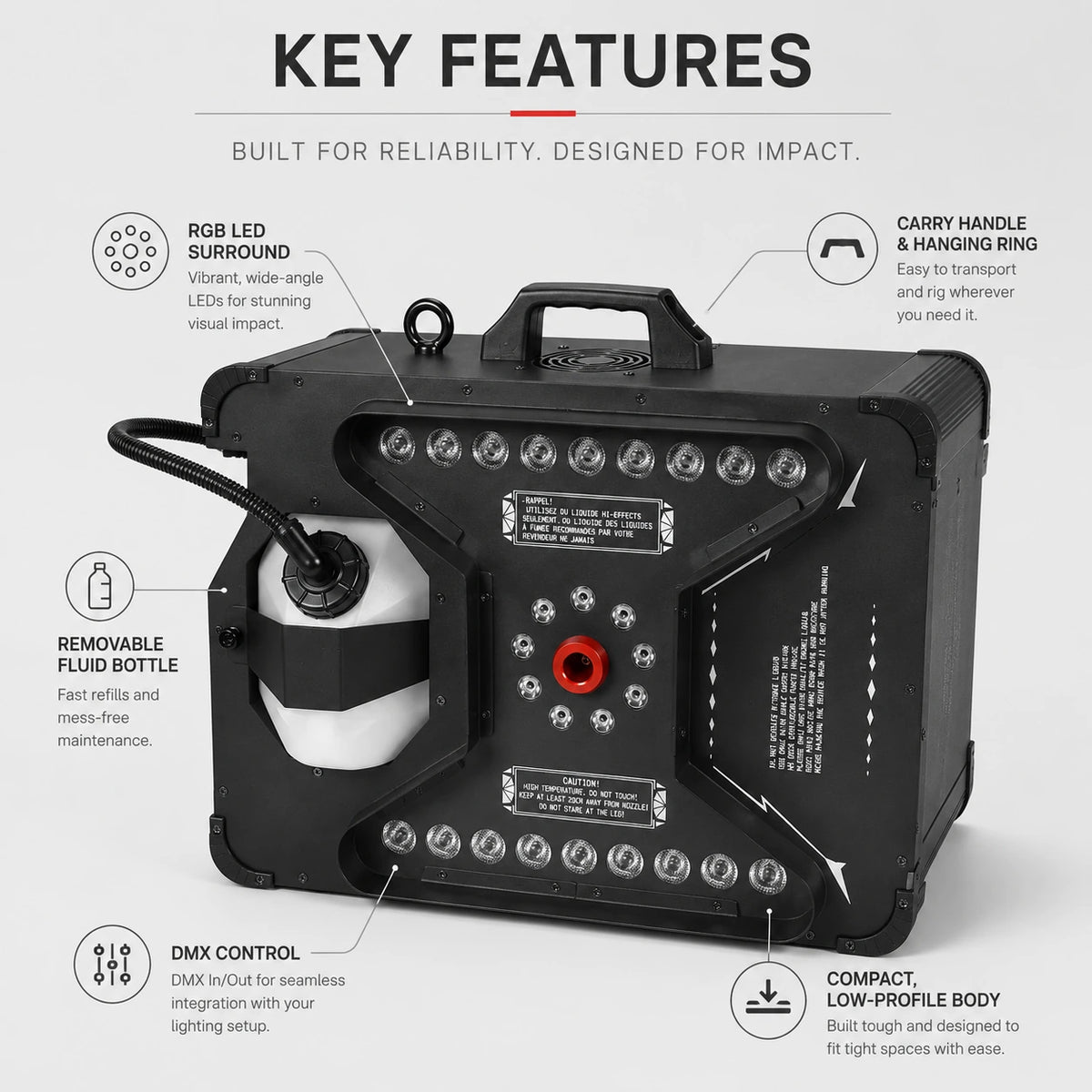 SF-VF3000 Aurora Jet vertical LED fog machine key features for vertical fog bursts and integrated LED lighting.