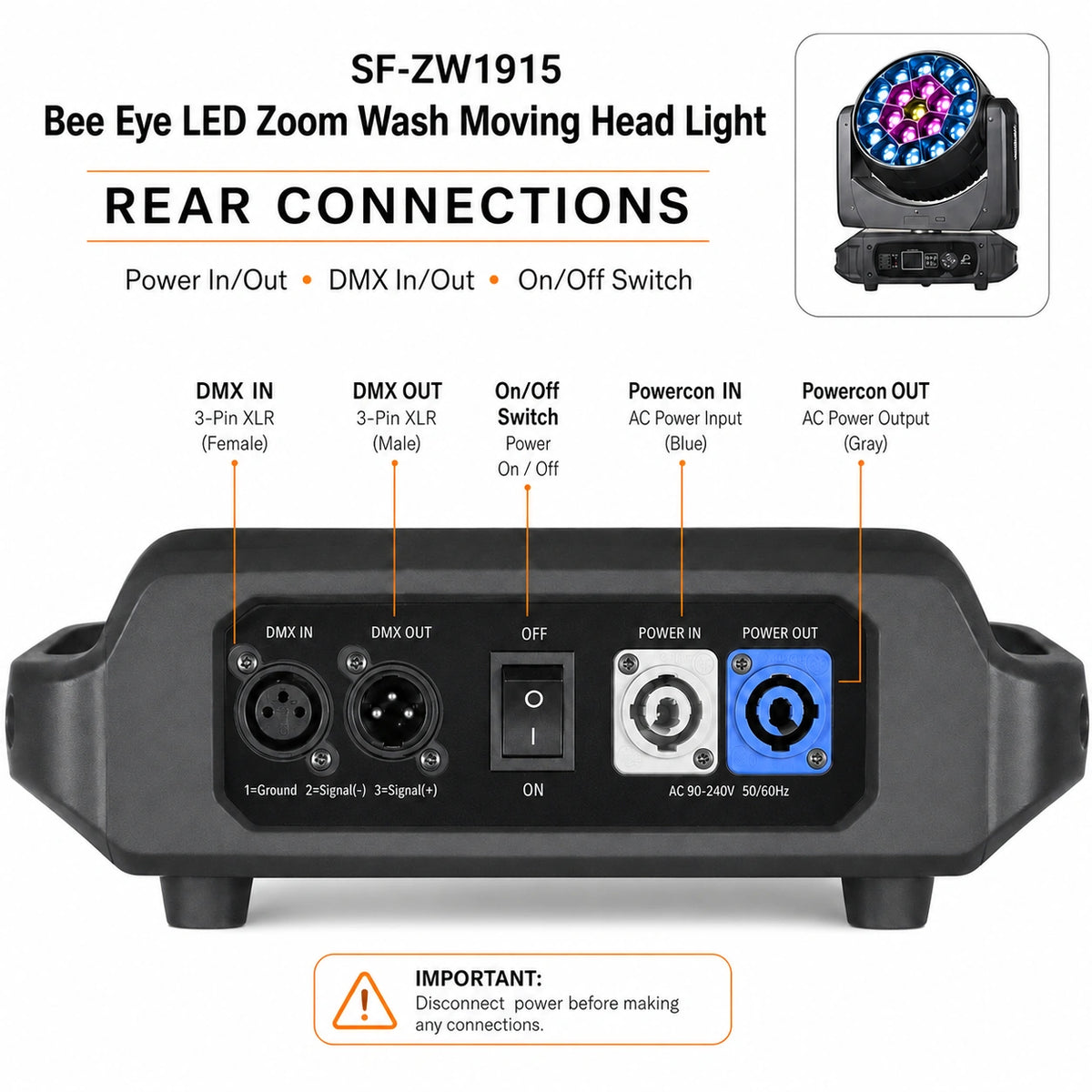 SurgeFX SF-ZW1915 Bee Eye LED Zoom Wash Moving Head Light — Rear connections and ports guide image