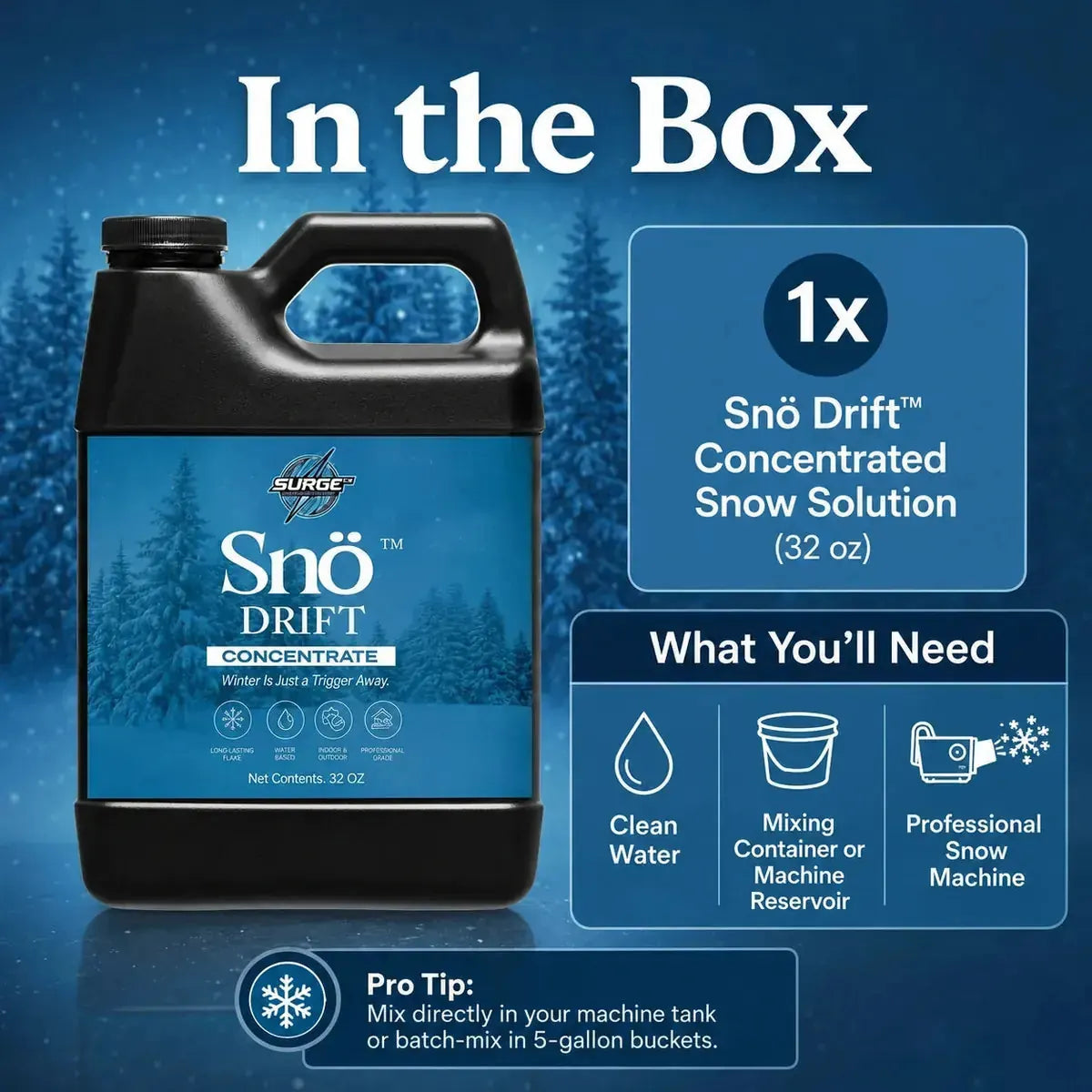 Snö Drift concentrated snow solution in the box graphic with mixing supplies and snow machine requirements