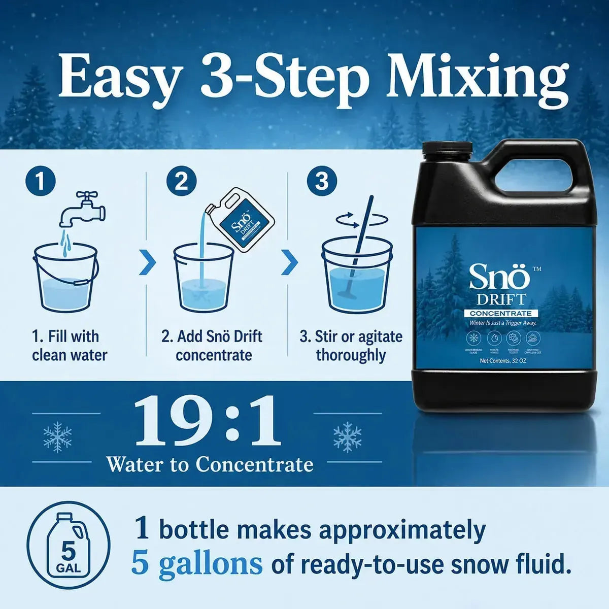 Snö Drift concentrated snow solution mixing guide showing 19 to 1 water to concentrate ratio
