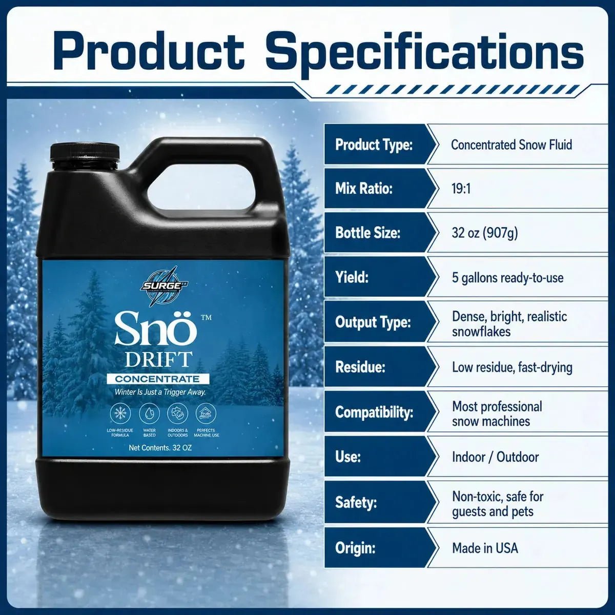 Snö Drift concentrated snow solution product specifications including 32 ounce bottle size and 19 to 1 mix ratio