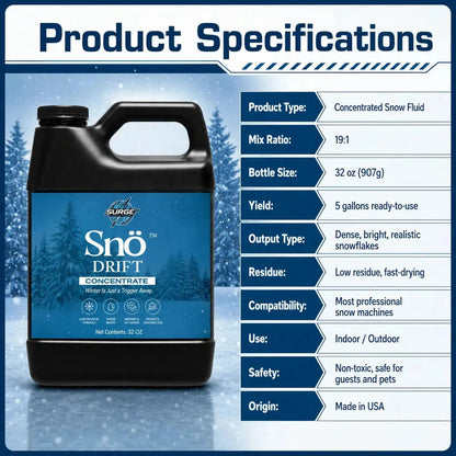 Snö Drift concentrated snow solution product specifications including 32 ounce bottle size and 19 to 1 mix ratio