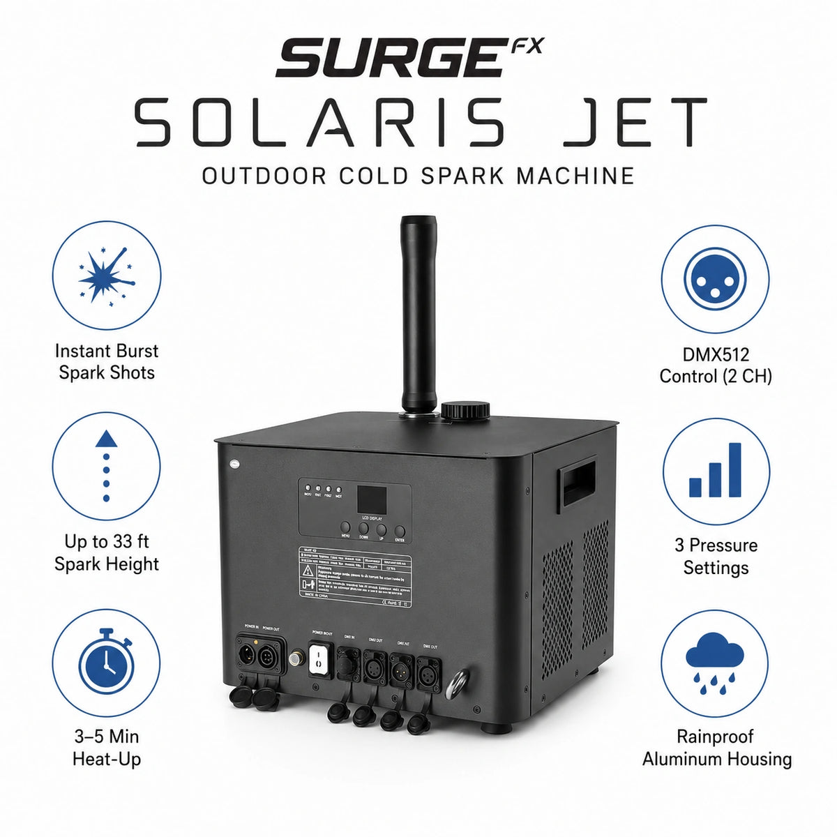 SurgeFX Solaris Jet outdoor cold spark machine feature overview with spark height, DMX control, heat-up time, pressure settings, and rainproof housing callouts