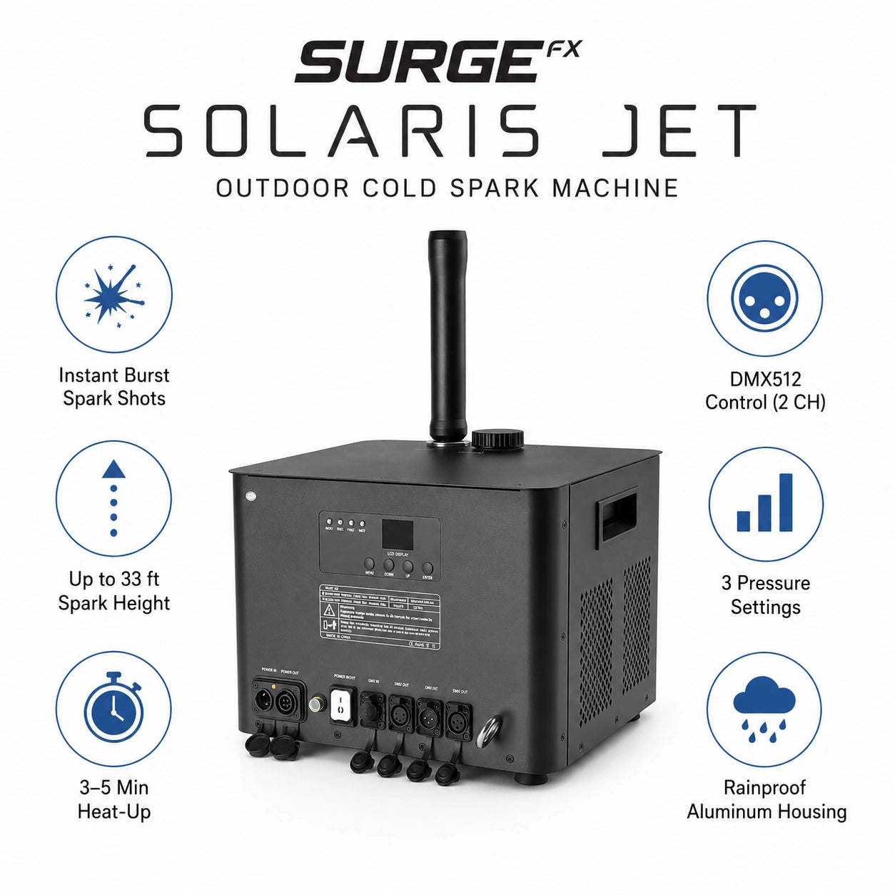 SurgeFX Solaris Jet outdoor cold spark machine feature overview with spark height, DMX control, heat-up time, pressure settings, and rainproof housing callouts