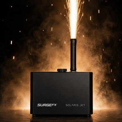 SurgeFX Solaris Jet outdoor cold spark machine firing cold spark bursts from the front side