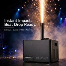 SurgeFX Solaris Jet outdoor cold spark machine lifestyle graphic for beat drop ready cold spark effects