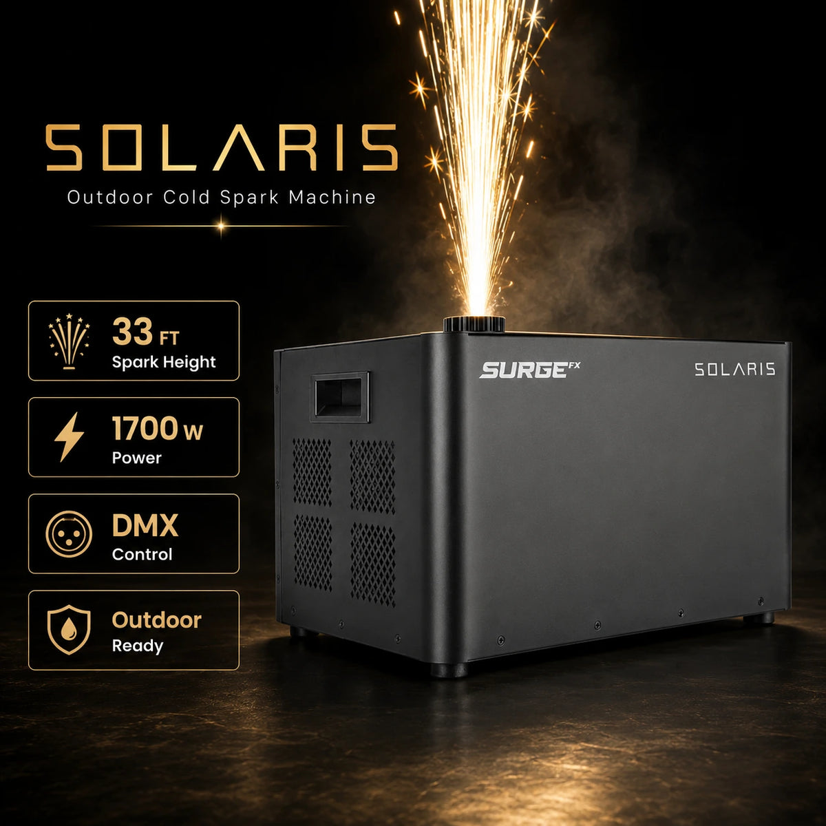 SurgeFX Solaris Outdoor Cold Spark Machine with 33 ft spark height, 1700W power, DMX control, and outdoor ready feature badges