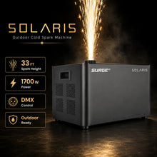 SurgeFX Solaris Outdoor Cold Spark Machine with 33 ft spark height, 1700W power, DMX control, and outdoor ready feature badges