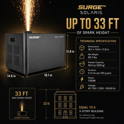 SurgeFX Solaris technical specifications graphic with dimensions, weight, powder capacity, runtime, power, voltage, and 33 ft spark height