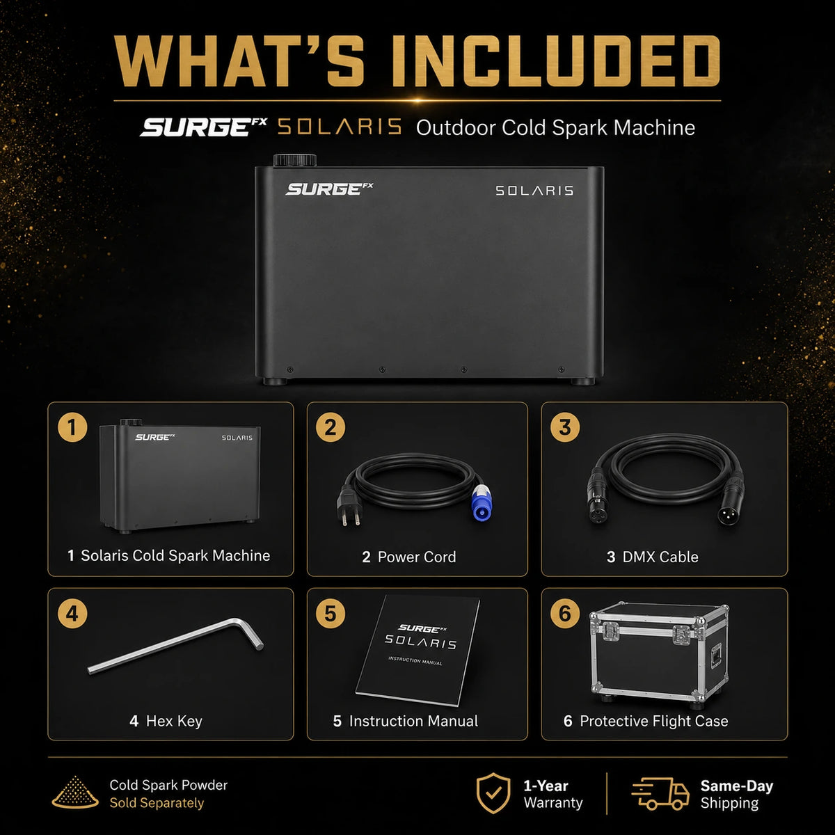What’s included with the SurgeFX Solaris Outdoor Cold Spark Machine including power cord, DMX cable, hex key, instruction manual, and protective flight case