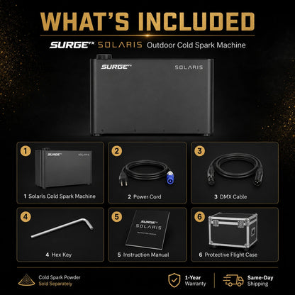 What’s included with the SurgeFX Solaris Outdoor Cold Spark Machine including power cord, DMX cable, hex key, instruction manual, and protective flight case