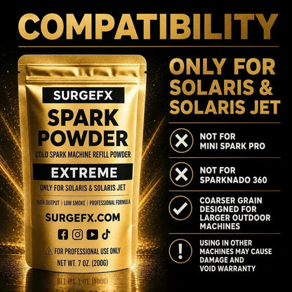 Compatibility graphic for SurgeFX Spark Powder Extreme showing it is only for Solaris and Solaris Jet and not for smaller cold spark machines