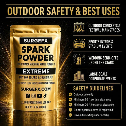 Outdoor safety and best uses graphic for SurgeFX Spark Powder Extreme showing outdoor concerts, stadium events, wedding send-offs, corporate events, and safety guidelines