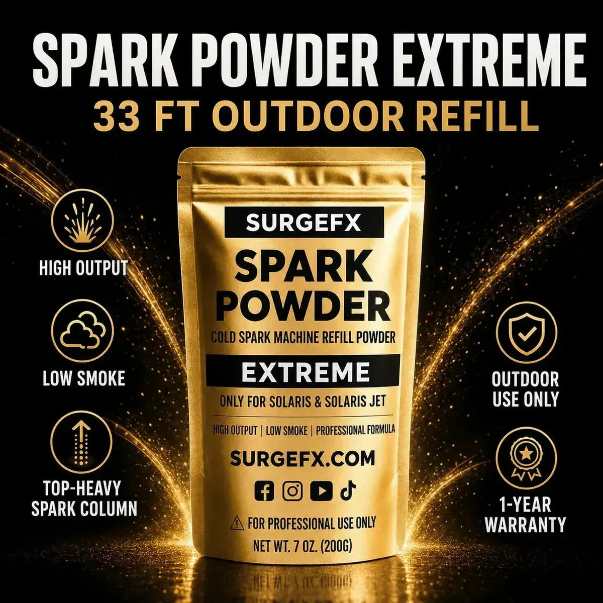 SurgeFX Spark Powder Extreme product overview graphic highlighting 33 ft outdoor refill, high output, low smoke, outdoor use only, and 1-year warranty