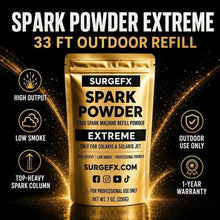 SurgeFX Spark Powder Extreme product overview graphic highlighting 33 ft outdoor refill, high output, low smoke, outdoor use only, and 1-year warranty