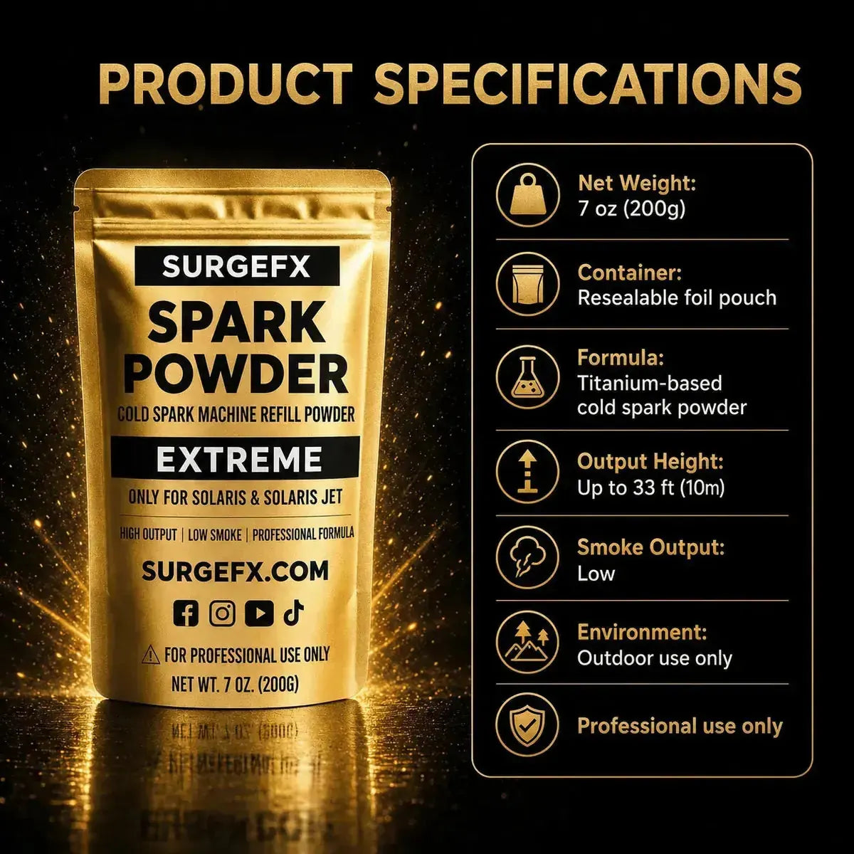 Product specifications graphic for SurgeFX Spark Powder Extreme showing 7 oz net weight, resealable foil pouch, titanium-based formula, up to 33 ft output height, low smoke, outdoor use, and professional use