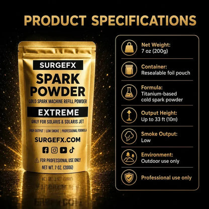 Product specifications graphic for SurgeFX Spark Powder Extreme showing 7 oz net weight, resealable foil pouch, titanium-based formula, up to 33 ft output height, low smoke, outdoor use, and professional use