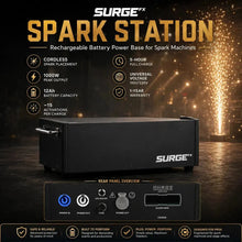SurgeFX Spark Station product overview graphic showing cordless spark placement, 1000W peak output, 12Ah battery capacity, approximately 15 activations per charge, 5-hour full charge, universal voltage, and 1-year warranty