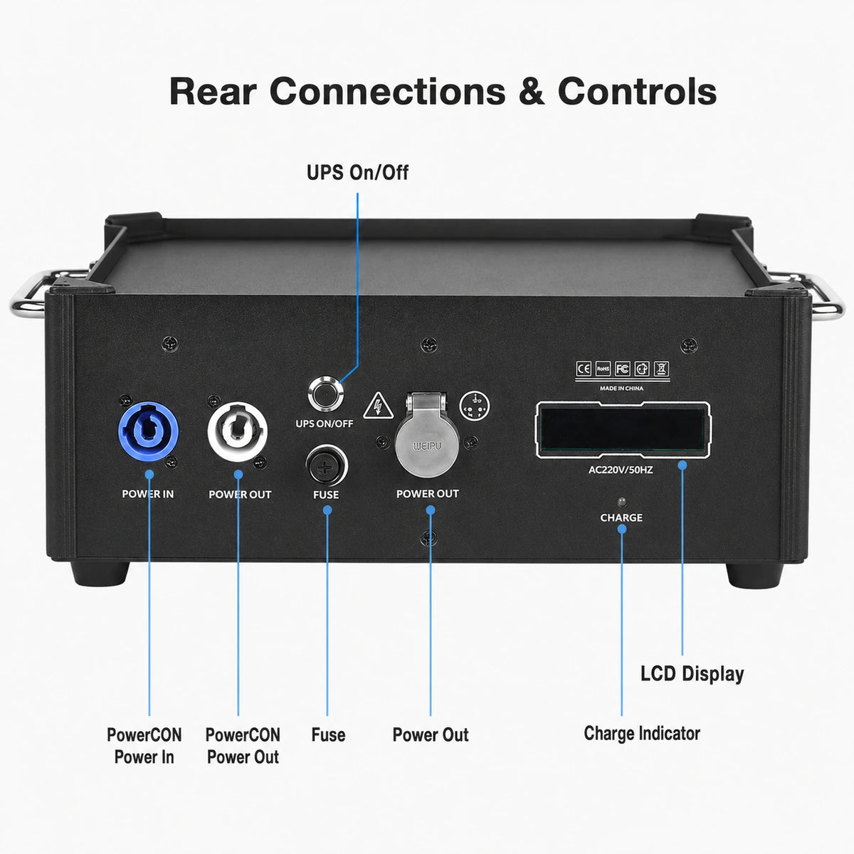 Rear panel connections and controls diagram for SurgeFX Spark Station showing powerCON power in, powerCON power out, UPS on and off, fuse, power out, charge indicator, and LCD display