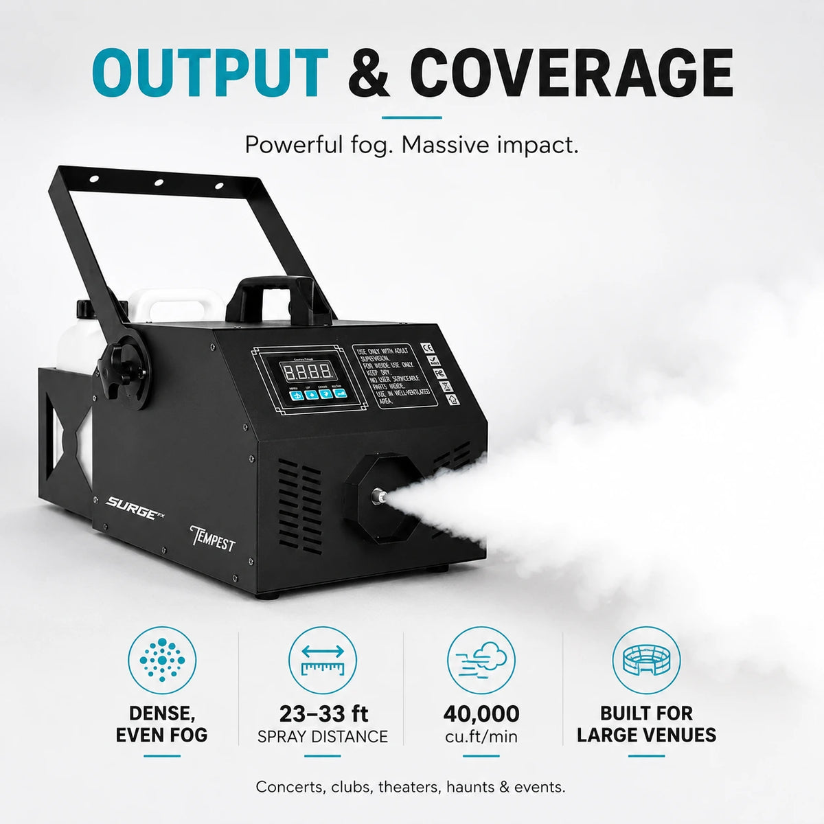 SurgeFX Tempest 3000W Fog Machine output and coverage