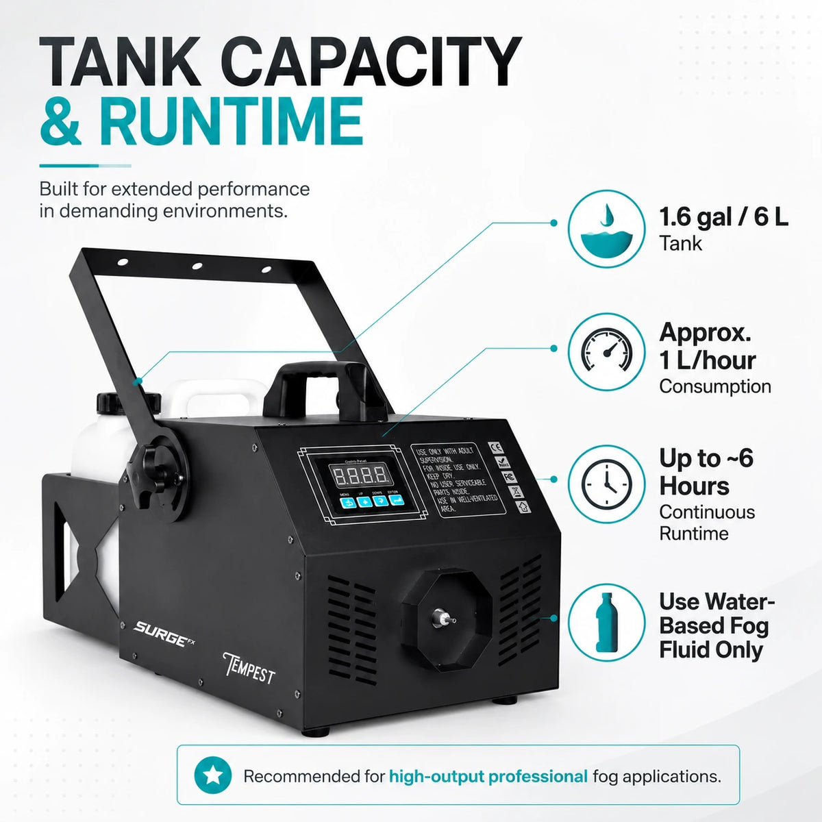 SurgeFX Tempest 3000W Fog Machine tank capacity and runtime