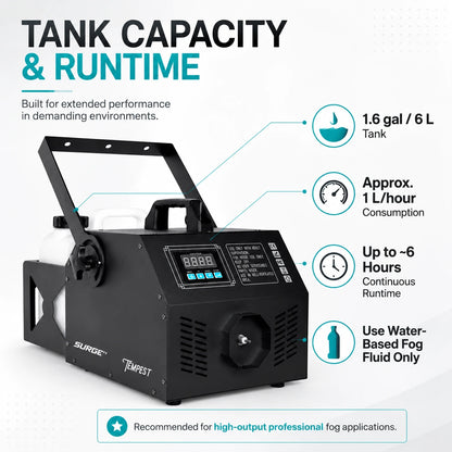 SurgeFX Tempest 3000W Fog Machine tank capacity and runtime