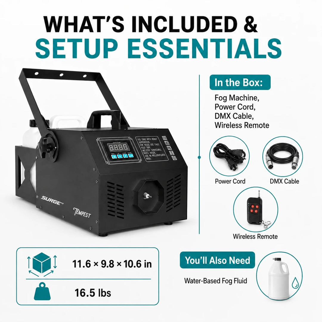 SurgeFX Tempest 3000W Fog Machine included accessories and setup