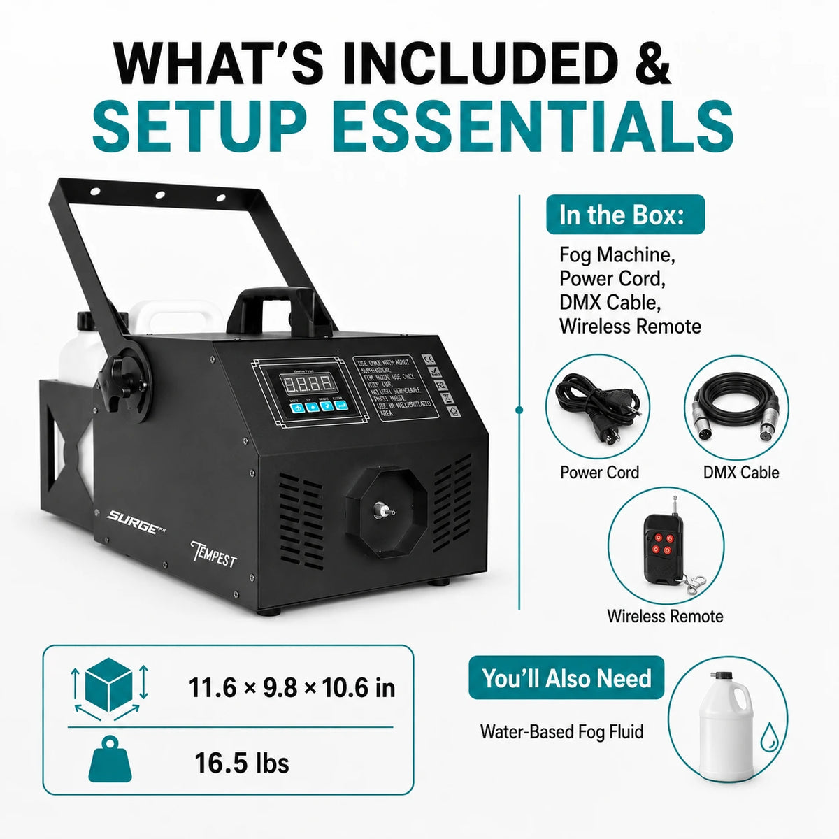 SurgeFX Tempest 3000W Fog Machine included accessories and setup