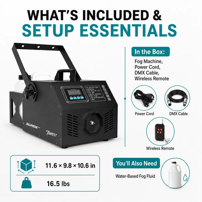 SurgeFX Tempest 3000W Fog Machine included accessories and setup