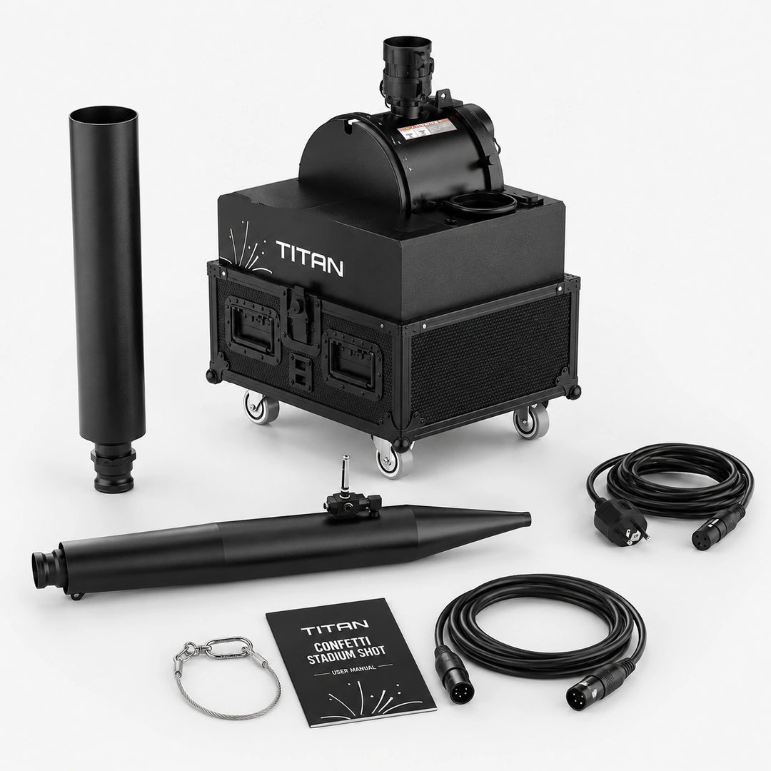 SurgeFX Titan Stadium Confetti and Water Launcher with included barrels, cables, safety cable, manual, and control accessories on a clean white background