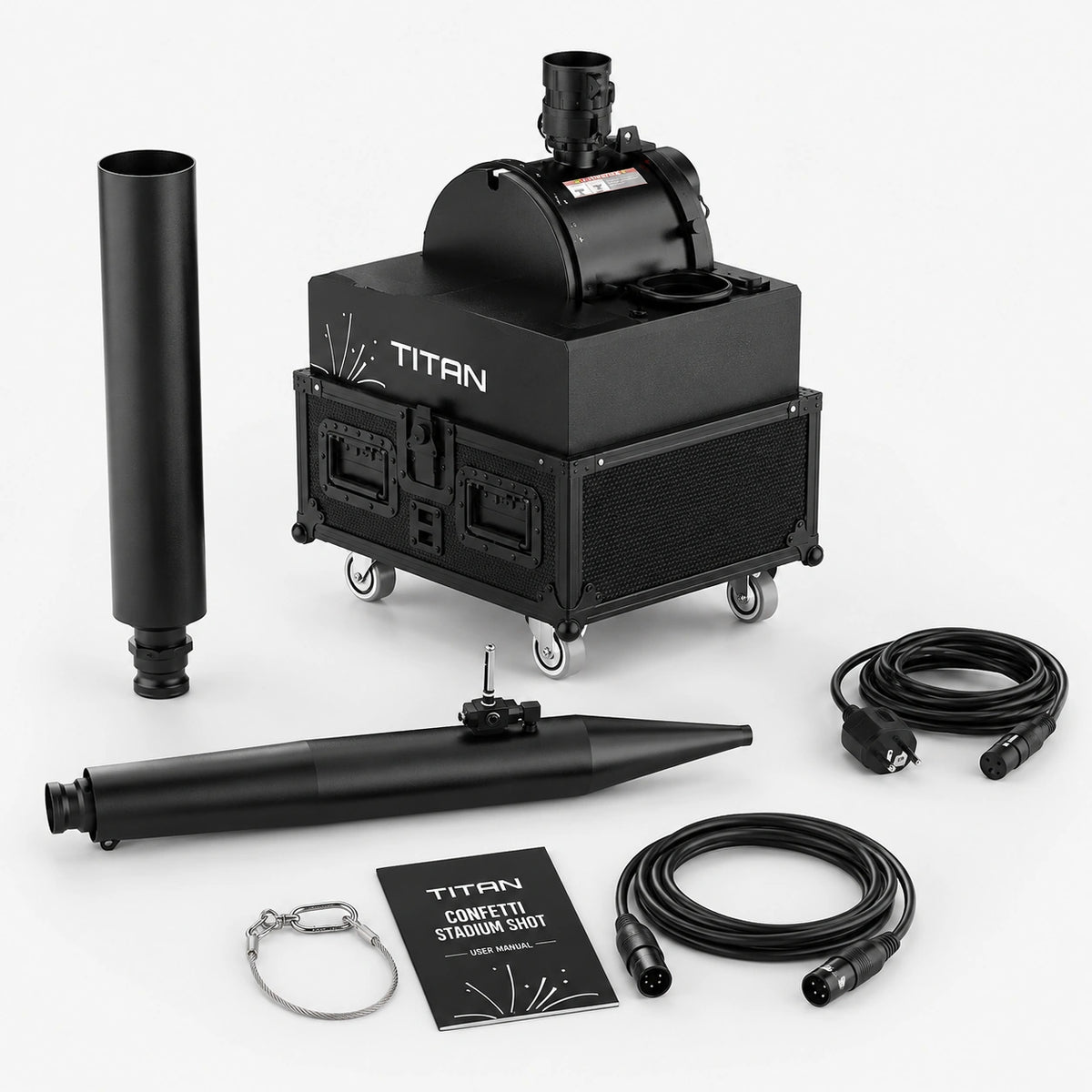 SurgeFX Titan Stadium Confetti and Water Launcher with included barrels, cables, safety cable, manual, and control accessories on a clean white background