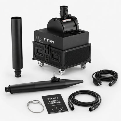 SurgeFX Titan Stadium Confetti and Water Launcher with included barrels, cables, safety cable, manual, and control accessories on a clean white background