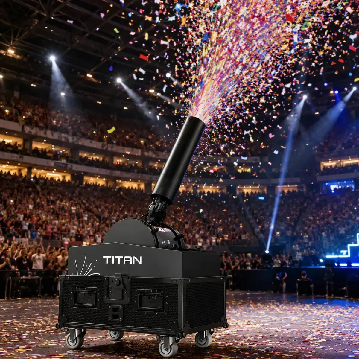 SurgeFX Titan Stadium Confetti and Water Launcher firing colorful confetti in a stadium event setting