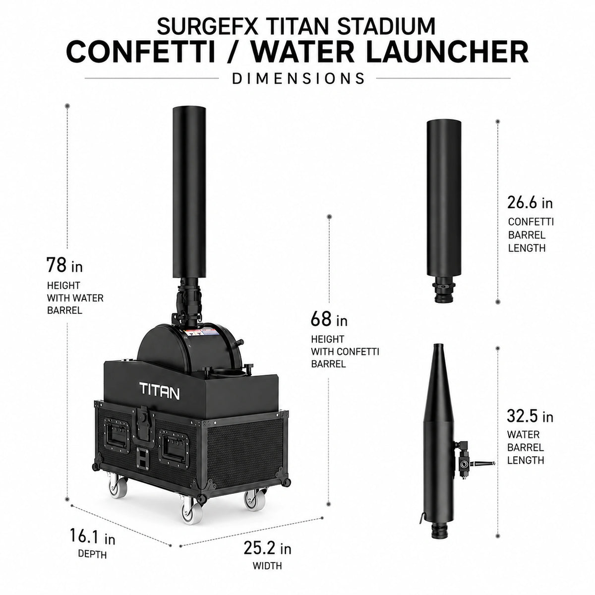 SurgeFX Titan Stadium Confetti and Water Launcher dimensions graphic with imperial measurements for the machine and barrels