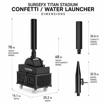 SurgeFX Titan Stadium Confetti and Water Launcher dimensions graphic with imperial measurements for the machine and barrels