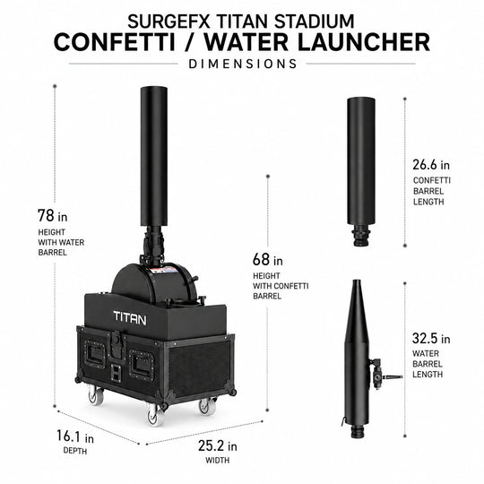 SurgeFX Titan Stadium Confetti and Water Launcher dimensions graphic with imperial measurements for the machine and barrels