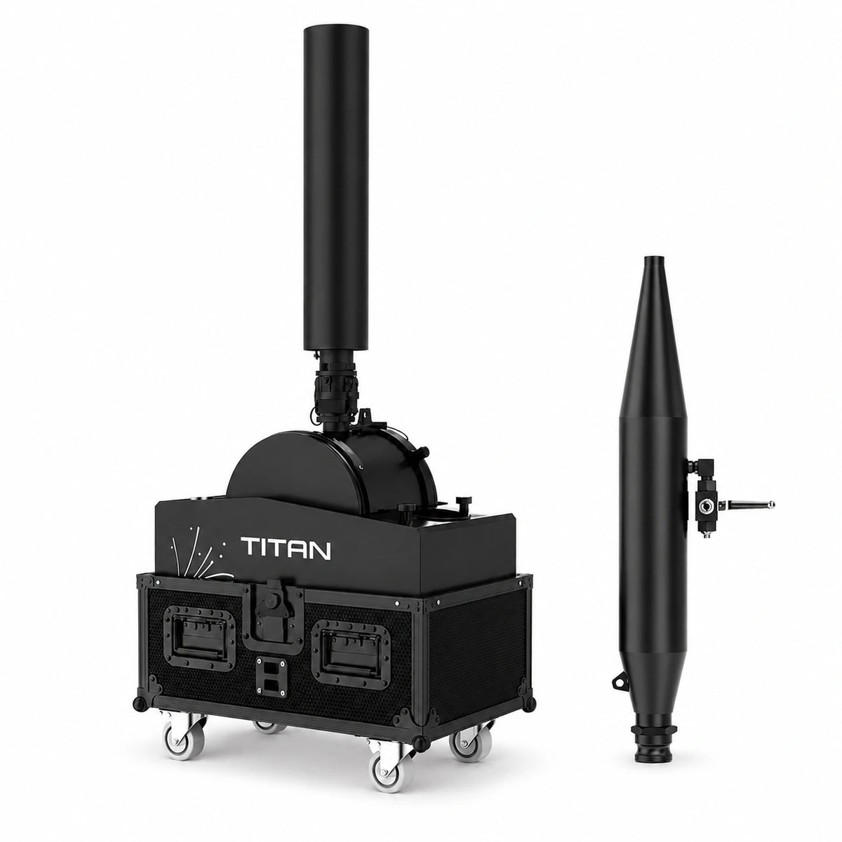 SurgeFX Titan Stadium Confetti and Water Launcher shown with one installed confetti barrel and one separate water barrel on a clean white background