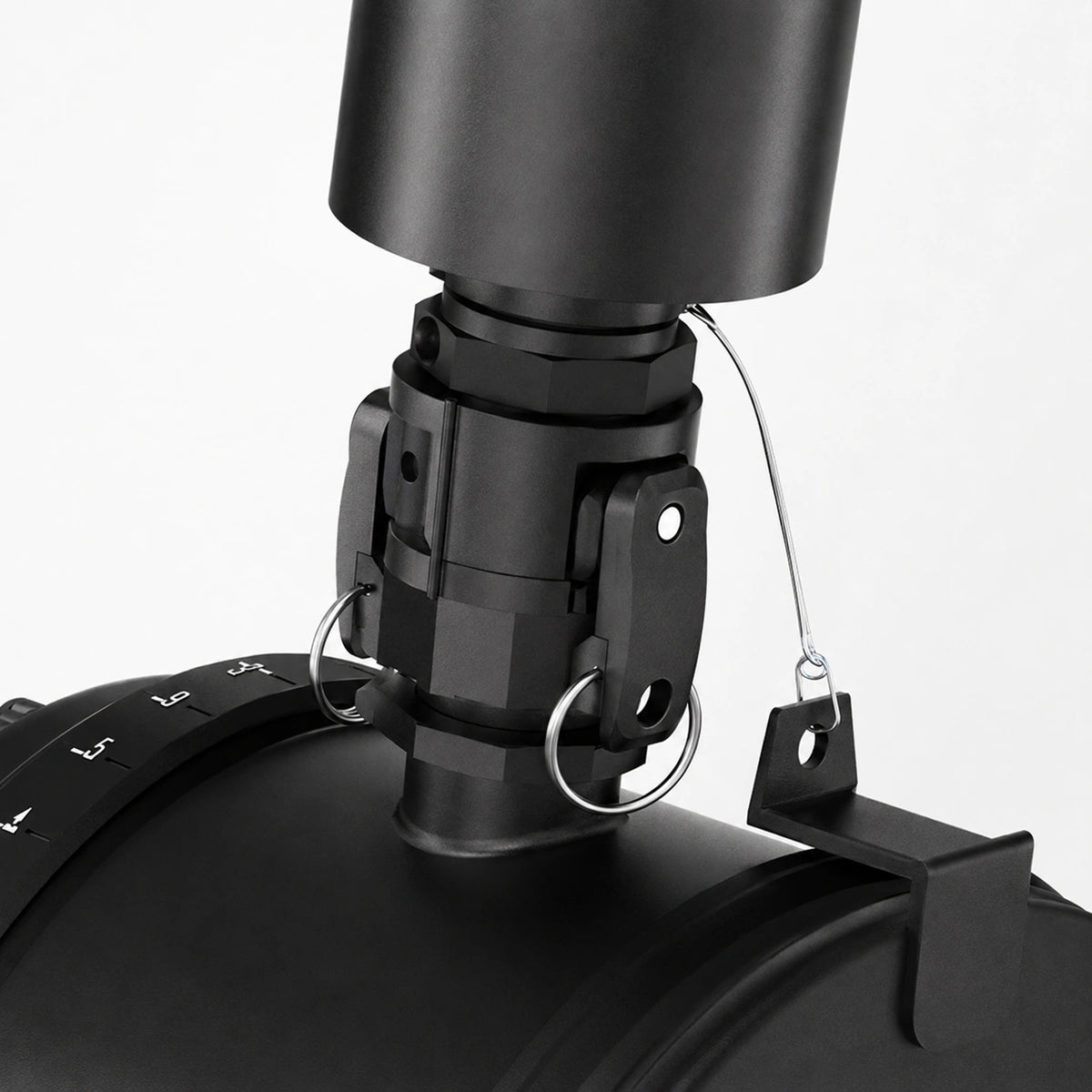 Close-up detail of the SurgeFX Titan barrel swivel mount and locking safety hardware