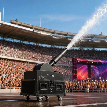 SurgeFX Titan Stadium Confetti and Water Launcher firing a water cannon effect at an outdoor stadium event