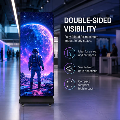SurgeFX Trident fully folded double-sided LED display in a professional indoor venue with a compact footprint.