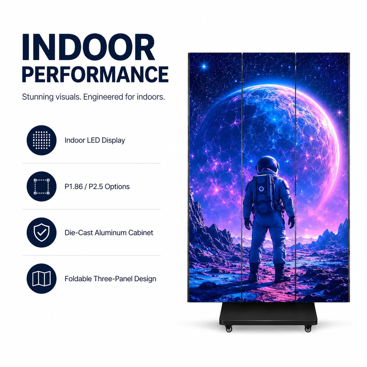 SurgeFX Trident indoor LED display featuring P1.86 and P2.5 options, die-cast aluminum construction, and a foldable three-panel design.