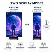 SurgeFX Trident LED display shown fully unfolded at 1280 by 1920 millimeters and fully folded at 640 by 1920 millimeters.