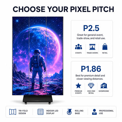 SurgeFX Trident tri-fold LED display with P1.86 and P2.5 pixel pitch options for professional indoor applications.