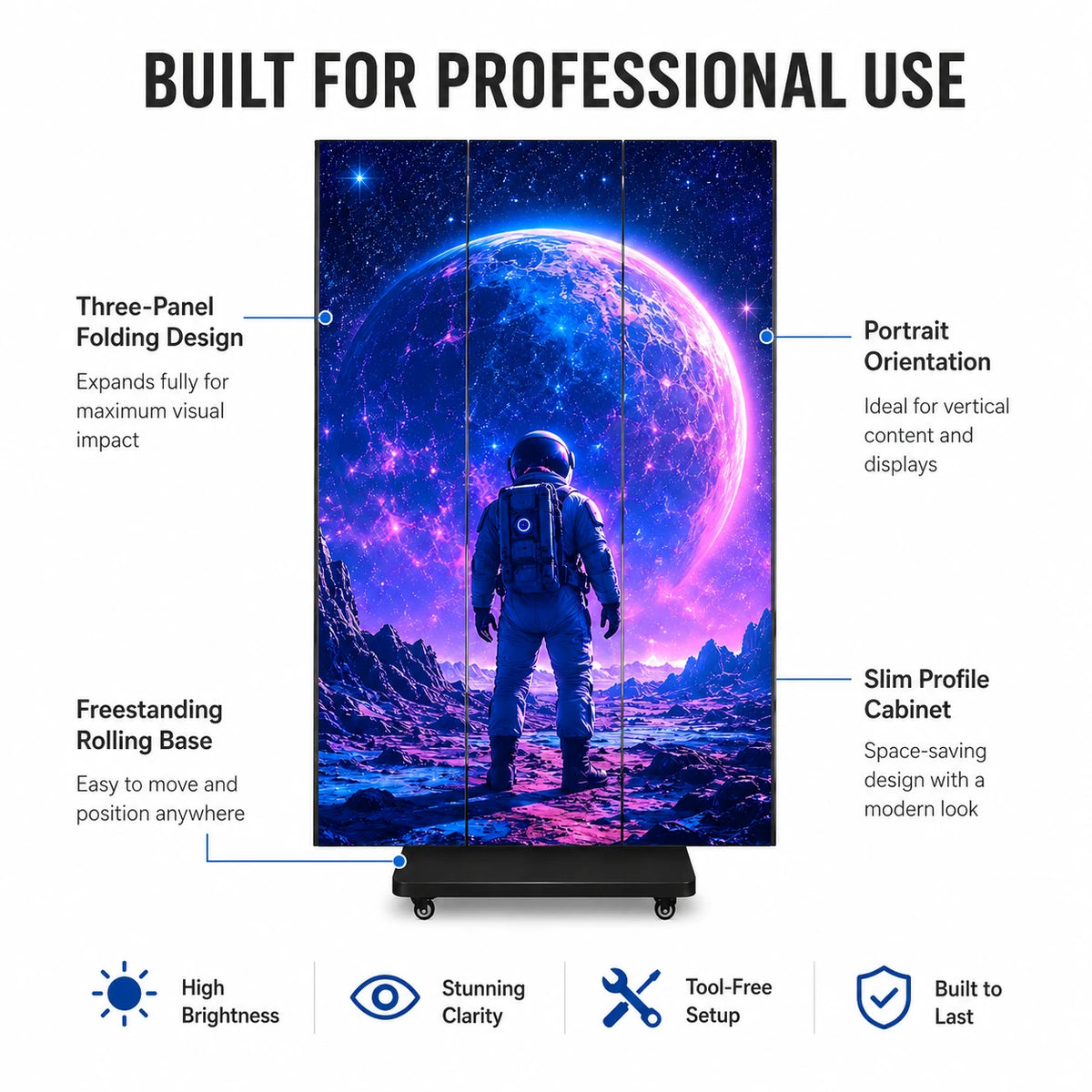 SurgeFX Trident professional tri-fold LED display highlighting its three-panel design, portrait orientation, slim cabinet, and rolling base.